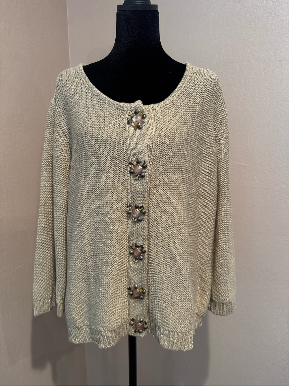 Glamorous Shimmery Gold Jewel Beaded Snap Button Knit Cardigan Plus Size
